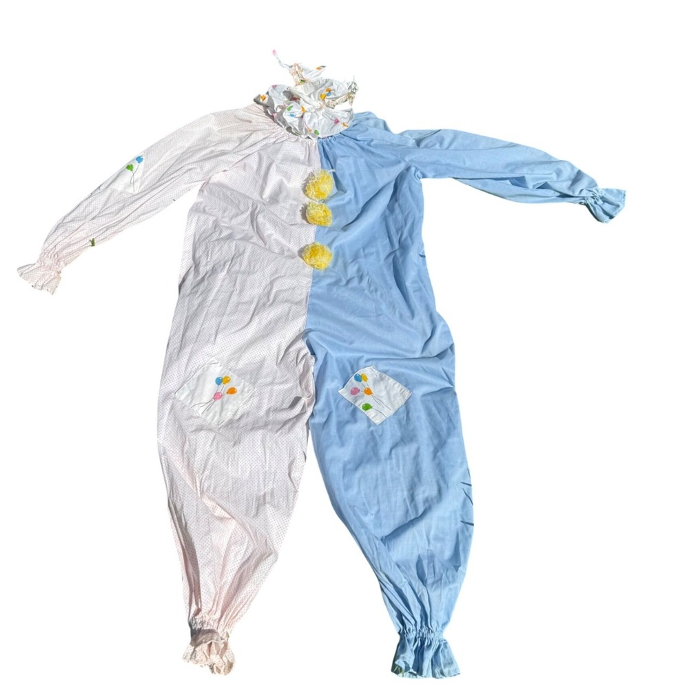 Vintage Handmade Clown Costume Jumpsuit Blue Pink Polka Dot Balloon Patches L/XL